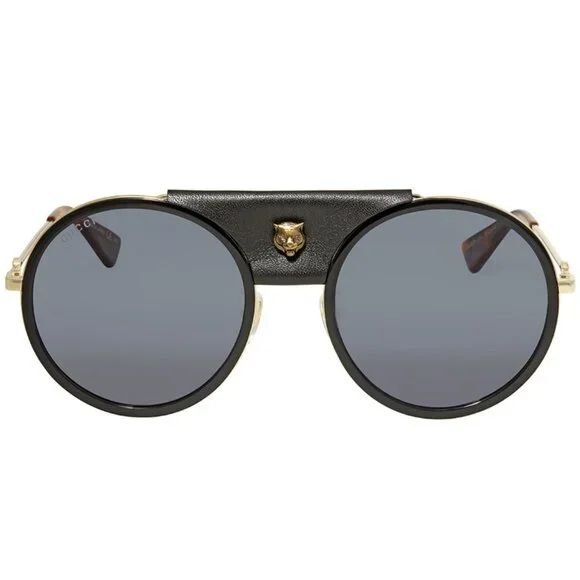 GUCCI SUNGLASSES GG0061S 016 ROUND FRAME AVIATOR LEATHER TIGER HEAD UNISEX Gucci GG0061S XXS (56 - 22) with Grey lenses and Gold frame  main image 3